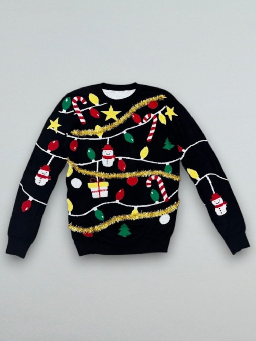 Kids Black Christmas Ugly Sweater Lights Tinsel Snowman Candy Cane Size 14Y